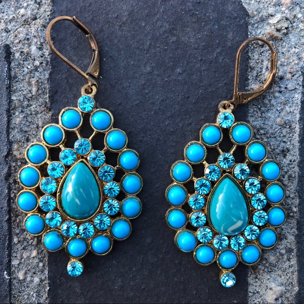 Vintage Costume Turquoise + Brass Chandelier Earrings